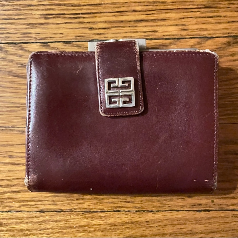Vintage Givency Burgundy Leather Kisslock Bifold Wallet